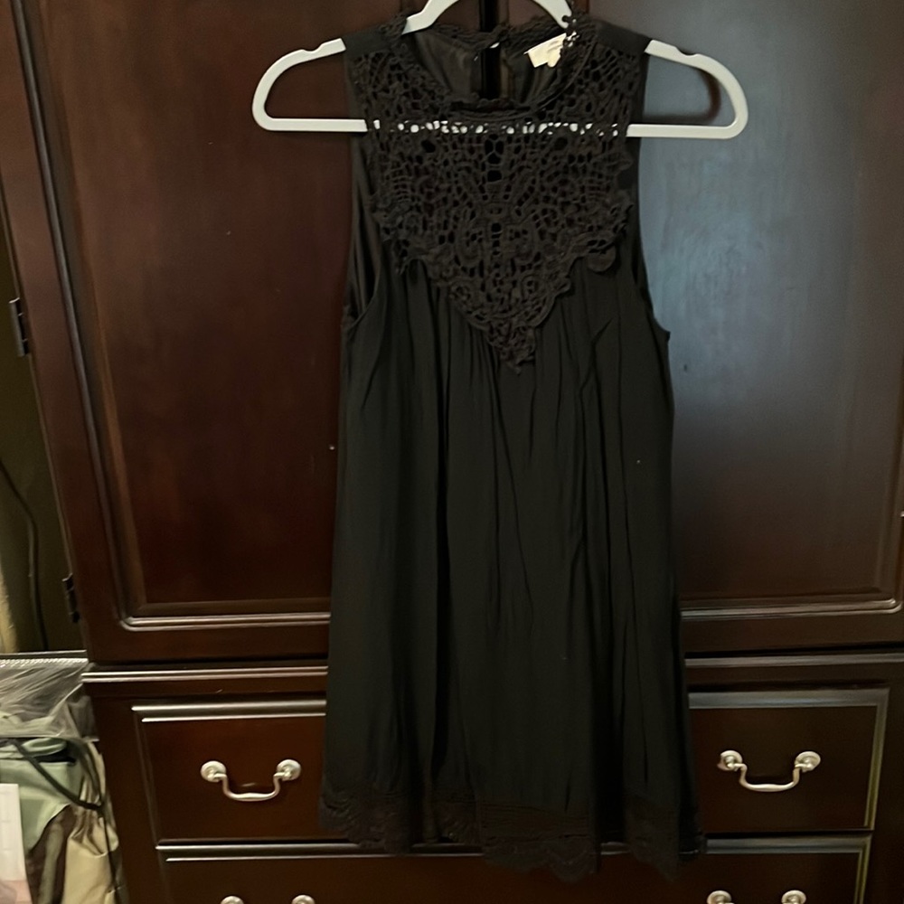Entro sleeveless, lined, lace trim black dress